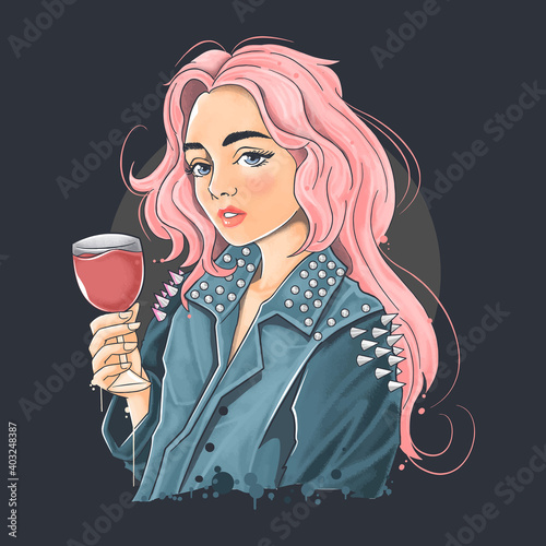 beautiful girl wearing a punk rocker jacket holding red wine. watercolor painting vector artwork