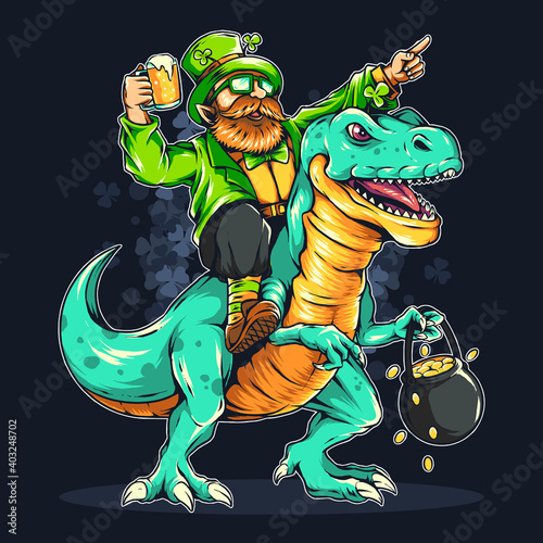 St. Patrick's day bearded man riding a dinosaur. editable layers vector artwork