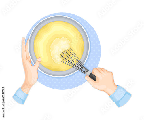 Human Hands Beating Dough with Wire Whisk Above View Vector Illustration