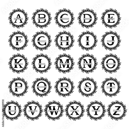 Monogram of the alphabet with a wreath, family monogram, with a cut  out pattern in the form of a crown, monochrome vector illustration on a white background, logo, design, decoration, banner, busines