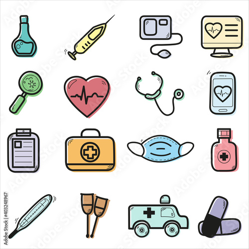 Set vector line color icons, sign and symbols in flat design medicine and health for mobile concepts and web apps. Collection modern logo and pictogram.