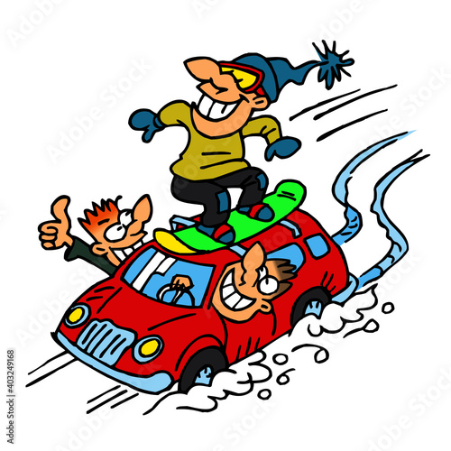 Snowboarder rides on the roof of a car which drives his friends down the hill, winter sport joke, color cartoon © Zdenk
