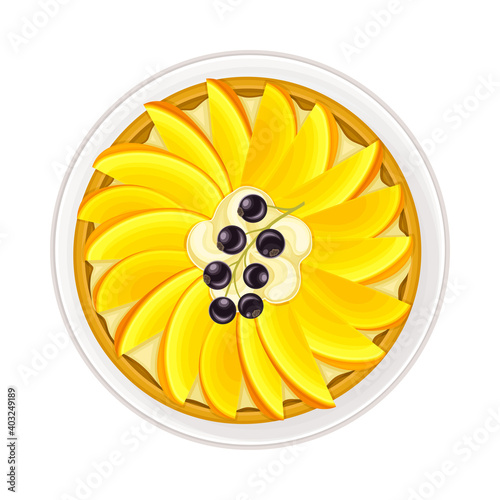 Fruit Pie or Cheesecake as Sugary Dessert with Mango on Plate Vector Illustration
