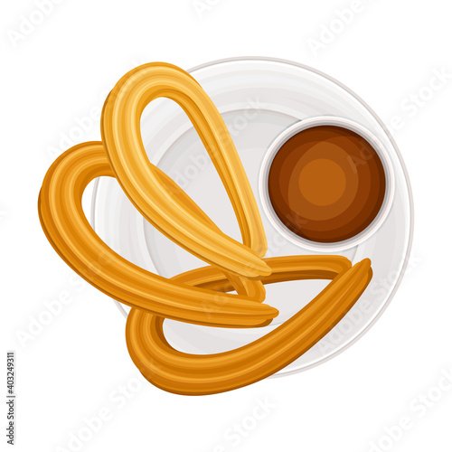 Churro or Fried-dough Pastry with Chocolate as Sugary Dessert on Plate Vector Illustration