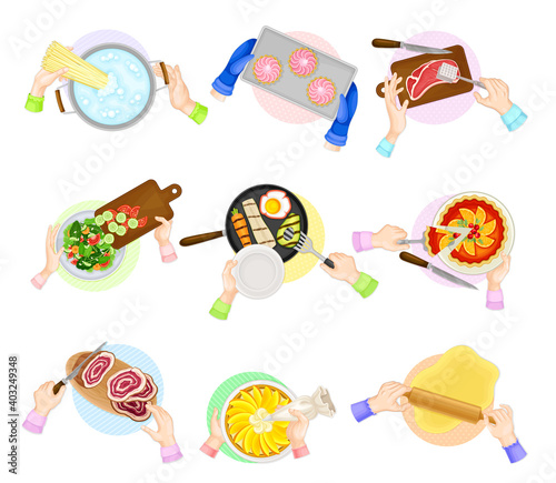 Hands Preparing and Cooking Food Above View Vector Set
