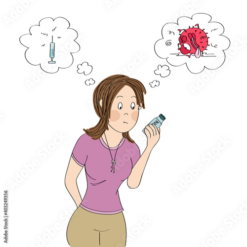 Hesitant young woman holding COVID 19 vaccine, deciding whether to get shot or not. She is dreaming about the needle and dead coronavirus - original hand drawn illustration.