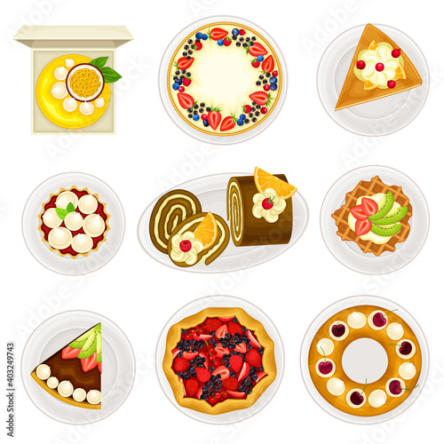Sugary Desserts with Cheesecake and Rolled Cake Served on Plate Vector Set