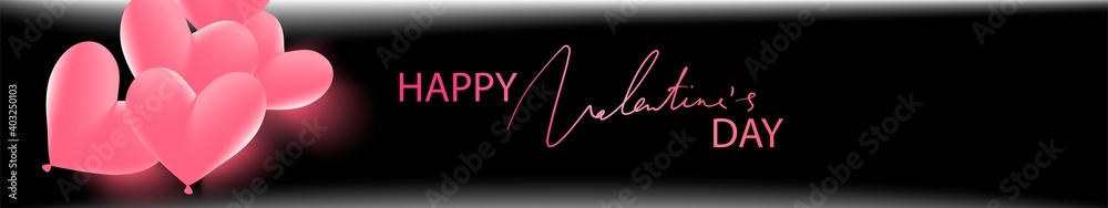 Valentine's day banner. Pink heart shaped balloons on black background. Vector