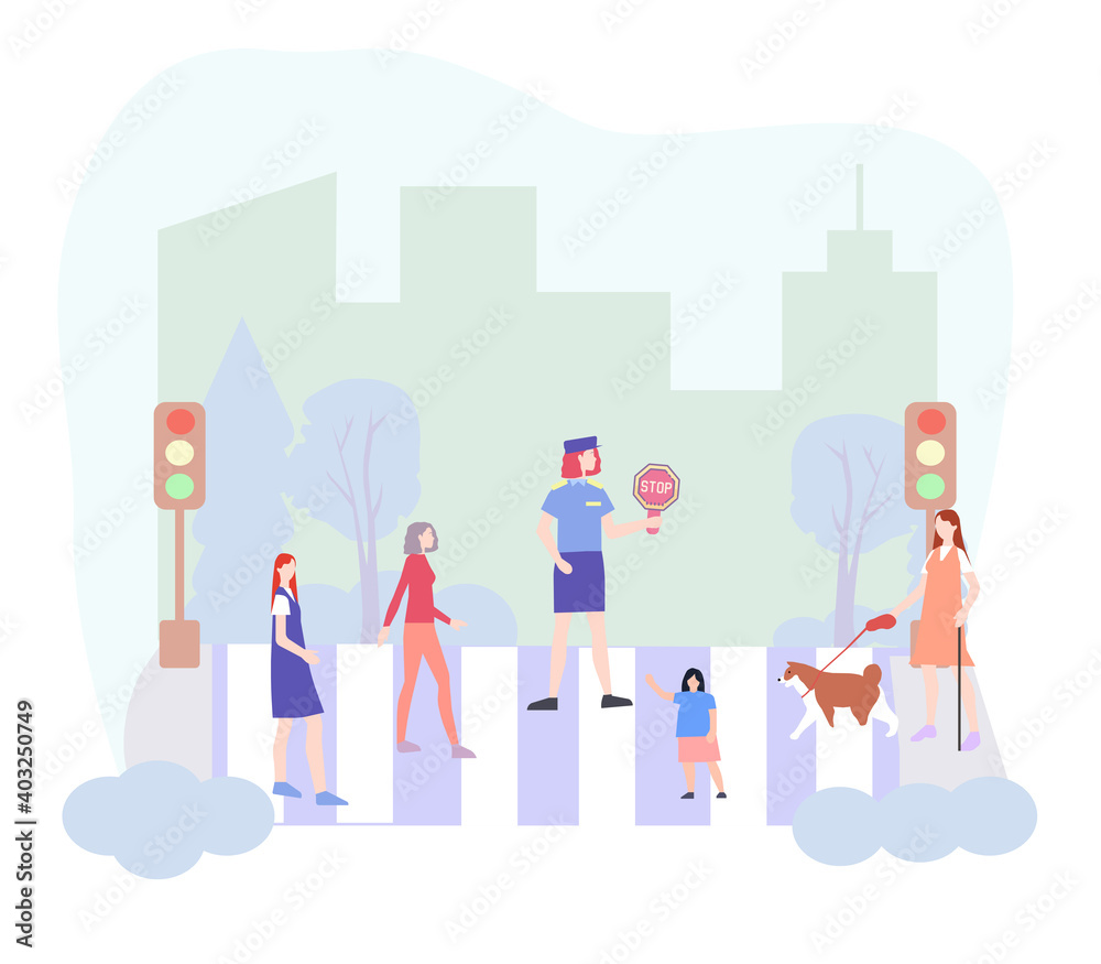 People cross the road at a pedestrian crossing, vector chart