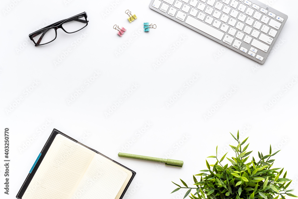 Minimalism workplace at office or home. Flat lay desktop with keyboard