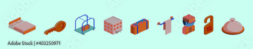 set of isometric hotel cartoon icon design template with various models. vector illustration isolated on blue background