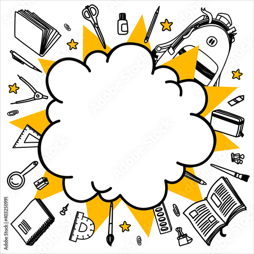 Back to school vector background. Cartoon comics empty bang speech bubble with line sketchy stationery.