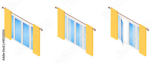 Isometric vector illustration realistic balcony doors and windows decorated with transparent tulle and hanging curtains isolated on white background. Opened and closed glass doors icons in flat style.