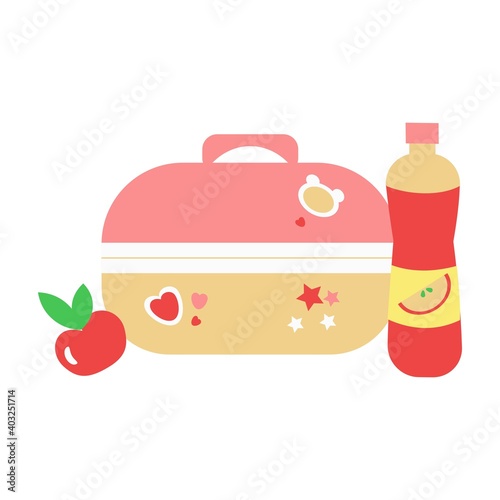 Pinck Lunchbox with red apple and juice flat icon Vector illustration photo