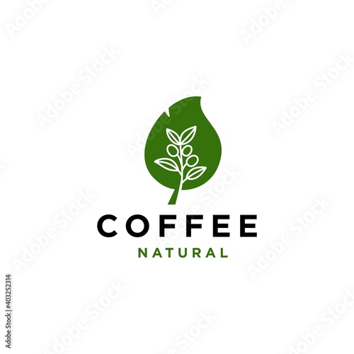 coffee bean with leaf plant branch hipster minimal logo vector with leaf simple line outline icon for cafe 
