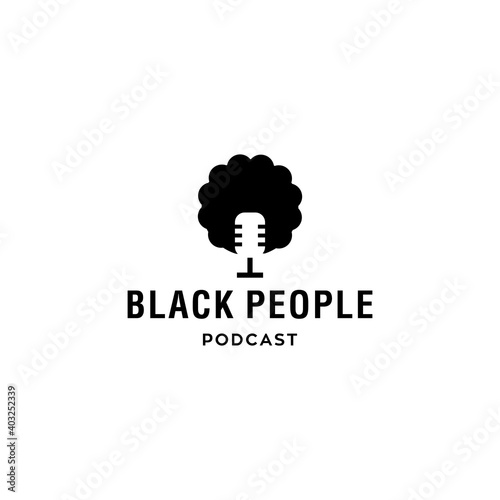 black people head with afro hair podcast logo icon vector with microphone in negative space style modern illustration. vector illustration logo for radio