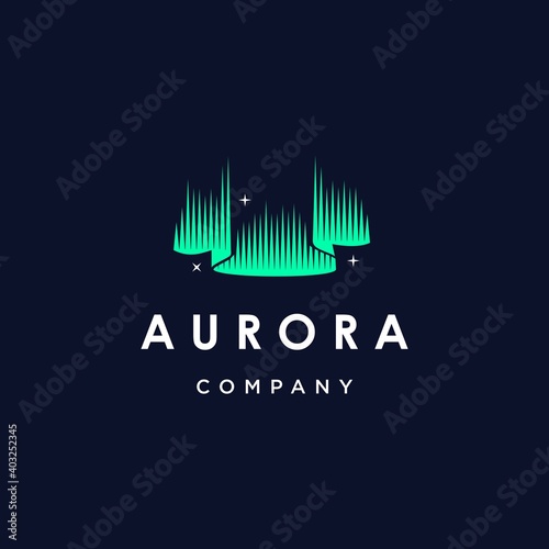green aurora borealis logo, modern northern lights sky aurora and stars icon logo design illustration background, beautiful night view of iceland Vector