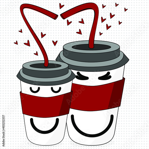 Scalable vector graphics. Romantic bright cartoon background for Valentine's Day. Coffee cups, lovers of cups with soapy faces. Background for branding, banner, cover, postcard.