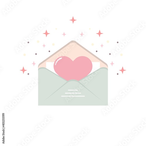 Valentine’s day concept. Romantic envelope icon with red heart and sparkles on the background. Vector illustration of a love letter in flat style.