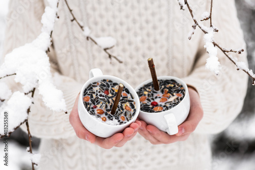 Girl holding two homemade teacups bird feeder. Easy homemade kids craft and helping wild animals concept. Selective focus. photo