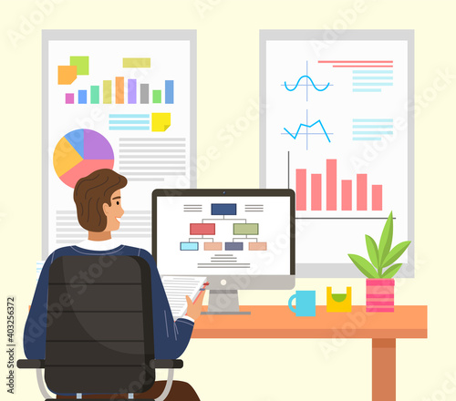 Young man university student watching online class sitting in front of computer at a table. Person studying a lesson with tables receives education remotely via the internet at home flat illustration