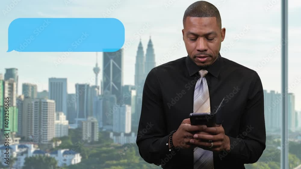 Black business man texting conversation with pop up text bubbles, room for copy