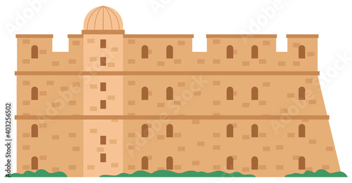 Medieval fortress with towers and walls vector illustration. Old city in greece and castle. Historical building of kings. Protective divine fortress made of stone isolated on white background