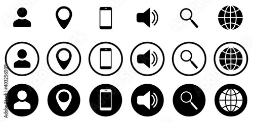 Web icons. Contact icons collection. Icons set: Phone, Profile, Magnifier, Globe, Location. Vector