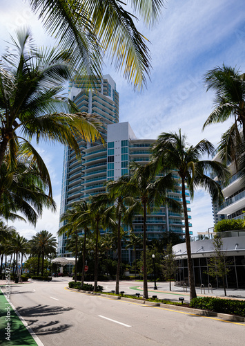 Miami city, expensive apartments in skyscrapers between palm trees. © Tverdokhlib