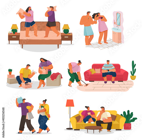 Life of a young couple, set of scenes from everyday household chores, shopping at the store, cleaning the house and rest. People activity, daily routine vector illustration on a white background