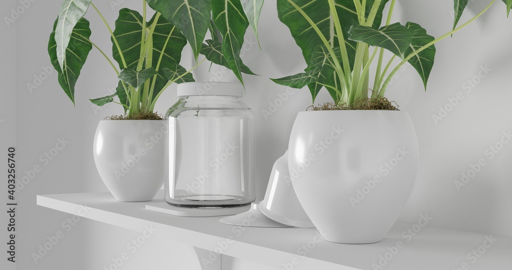 3d render Front view of empty shelf on white table showcase and wall background with natural window light. Display of backdrop shelves for showing minimal concept. tree plant, glass and coffee cup. 3d render Front view of empty shelf on white table showcase and wall background with natural window light. Display of backdrop shelves for showing minimal concept. tree plant, glass and coffee cup.