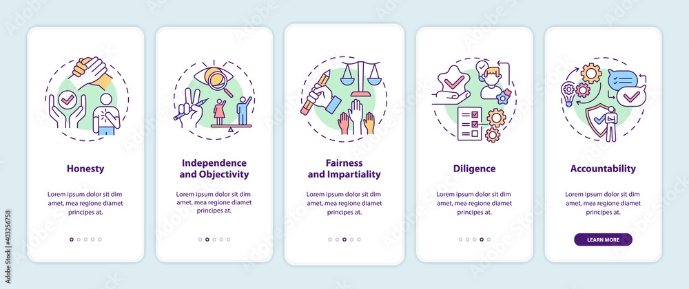 Journalistic ethics standards onboarding mobile app page screen with concepts. Honesty, diligence, fairness walkthrough 5 steps graphic instructions. UI vector template with RGB color illustrations