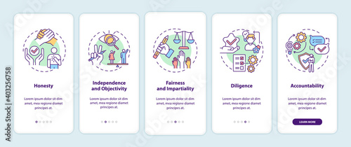 Journalistic ethics standards onboarding mobile app page screen with concepts. Honesty, diligence, fairness walkthrough 5 steps graphic instructions. UI vector template with RGB color illustrations