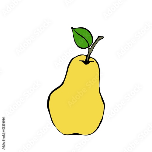 Yellow pear, ripe garden fruit, seasonal vitamins, vector illustration in doodle style, hand draw.