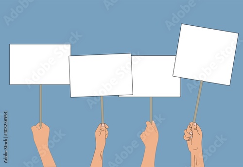 Concept of protest demonstration, manifesto with help group banners, hands holding banners, banner templates for any text, rally, protests, vector hand draw design, doodles.
