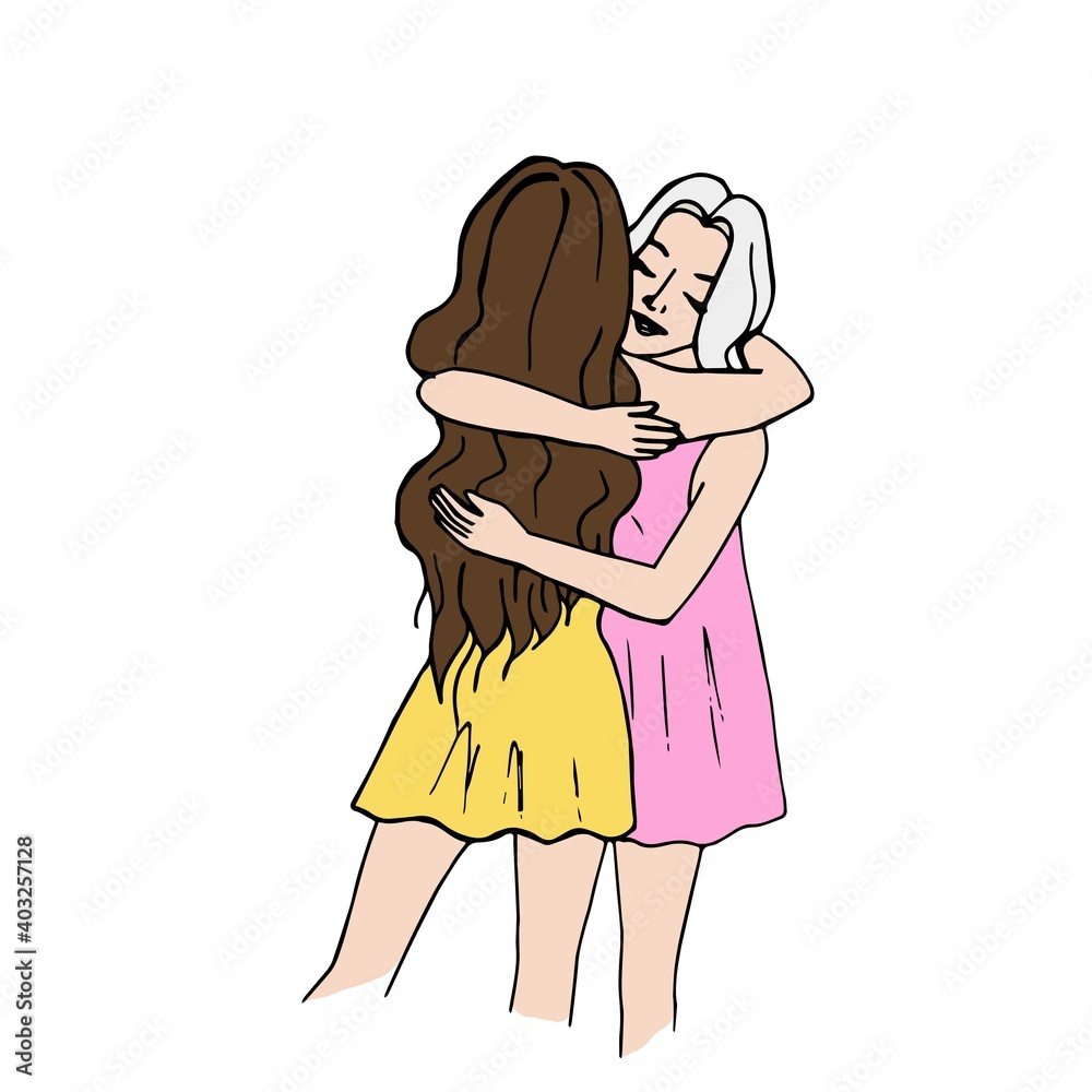 Two girls together back view. Brunette and blonde girls. Hand drawn fashion  illustration Stock Illustration
