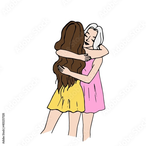 Blonde and brunette hugging, happy to see you, Rear view, Hand gestures, Stylish chicks, Two girlfriends, Sister's day card, Young pretty women, Vector illustration of hand draw, Doodle style