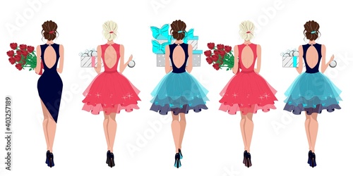 Set of fashionable girls with gifts and flowers in their hands, ladies in evening dresses, beautiful festively dressed girls, vector illustration in flat style.