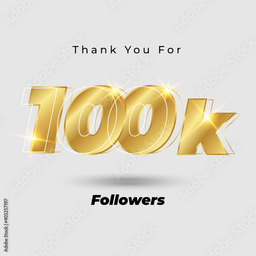 Thank you for 100k followers 3D gold logo isolated on elegant background, vector design for celebration purpose