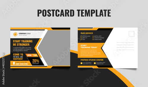 Sport, fitness, gym, bodybuilding postcard template design. 