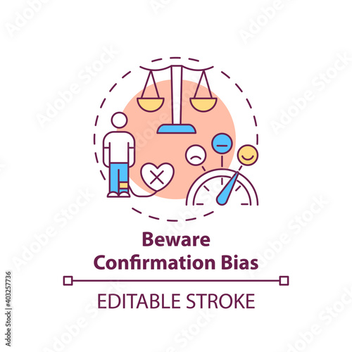 Bewaring confirmation bias concept icon. Fake news checking tip idea thin line illustration. Supporting prior beliefs and values. Vector isolated outline RGB color drawing. Editable stroke