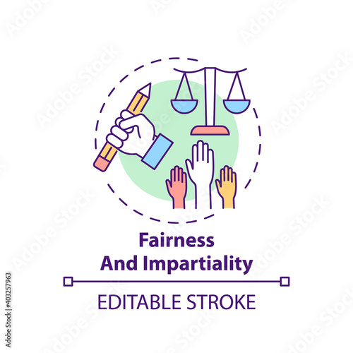Fairness and impartiality concept icon. Journalistic ethics standards idea thin line illustration. Presenting facts with neutrality. Vector isolated outline RGB color drawing. Editable stroke