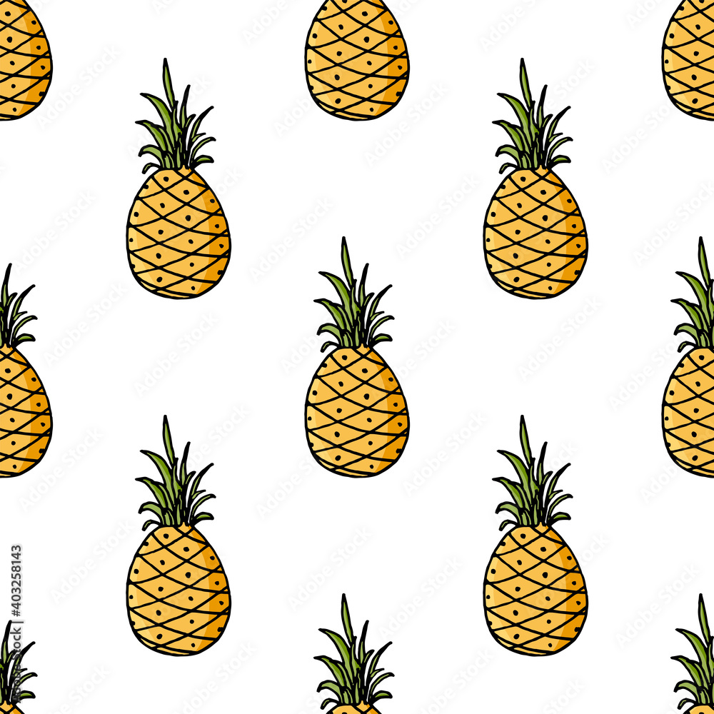 Pineapple seamless pattern in doodle design. Cute tropical fruit on white background. Pineapple seamless pattern in doodle design. Cute tropical fruit on white background.