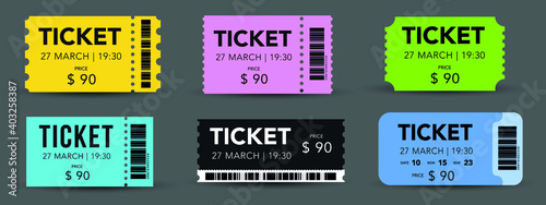 Ticket set graphic elements graphic elements for travel by tram, bus. Vector illustration entrance tickets to the museum, cinema, festival in the flat style.