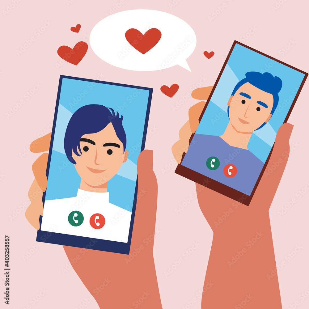 Homosexual couple with phones in hand, concept of internet dating, online dating, flat vector stock illustration with LGBTQ men, gay Homosexual couple with phones in hand, concept of internet dating, online dating, flat vector stock illustration with LGBTQ men, gay