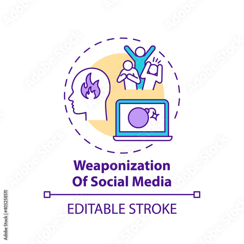 Social media weaponization concept icon. Digital war idea thin line illustration. Journalism challenge. Fake online identities creation. Vector isolated outline RGB color drawing. Editable stroke