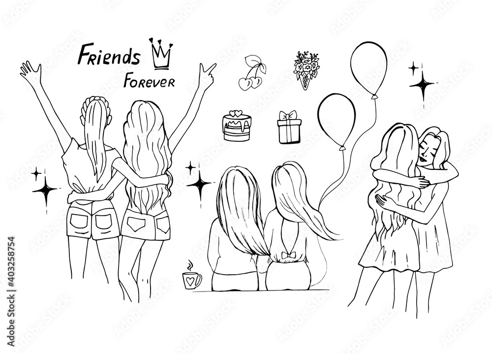 Female friendship concept, set of girls friends in different poses, doodle style.