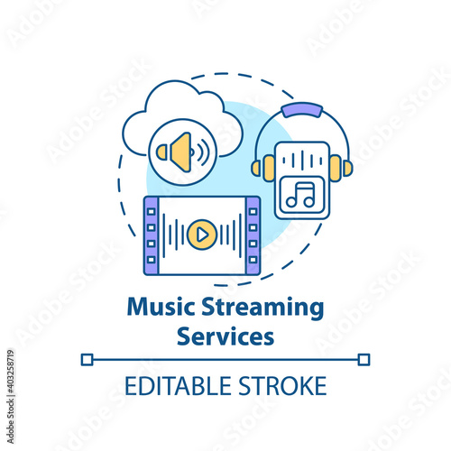 Music streaming services concept icon. New media example idea thin line illustration. Uploading music collection to cloud. Vector isolated outline RGB color drawing. Editable stroke