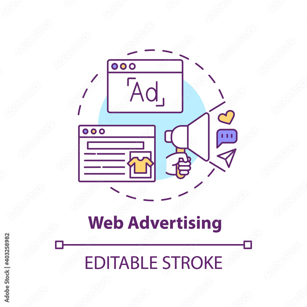 Web advertising concept icon. New media example idea thin line illustration. Online marketing campaign. Digital advertising. Vector isolated outline RGB color drawing. Editable stroke Web advertising concept icon. New media example idea thin line illustration. Online marketing campaign. Digital advertising. Vector isolated outline RGB color drawing. Editable stroke