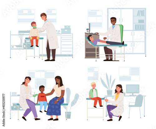 A set of illustrations on the topic of health check of little patients. Doctor examines children in hospital. People visiting the pediatrician. Treatment and diagnosis of childhood diseases © robu_s